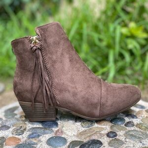 Vegan Sude Taupe Fringe Tassel Ankle Bootie